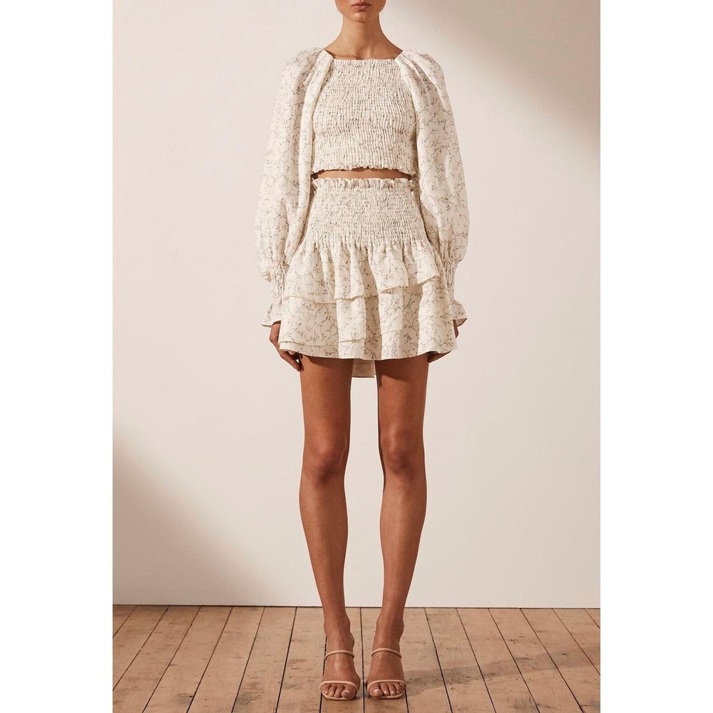 SHONA JOY Linen Crop Top Women 10 Ivory Floral Monique Smocked Balloon Sleeve